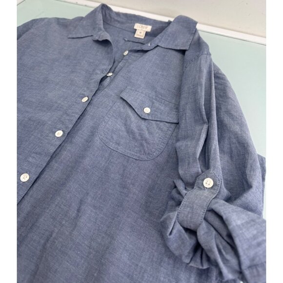 J Crew Women's Tunic Shirt Medium M Chambray Lightweight Tab Roll Up Popover - Picture 4 of 10